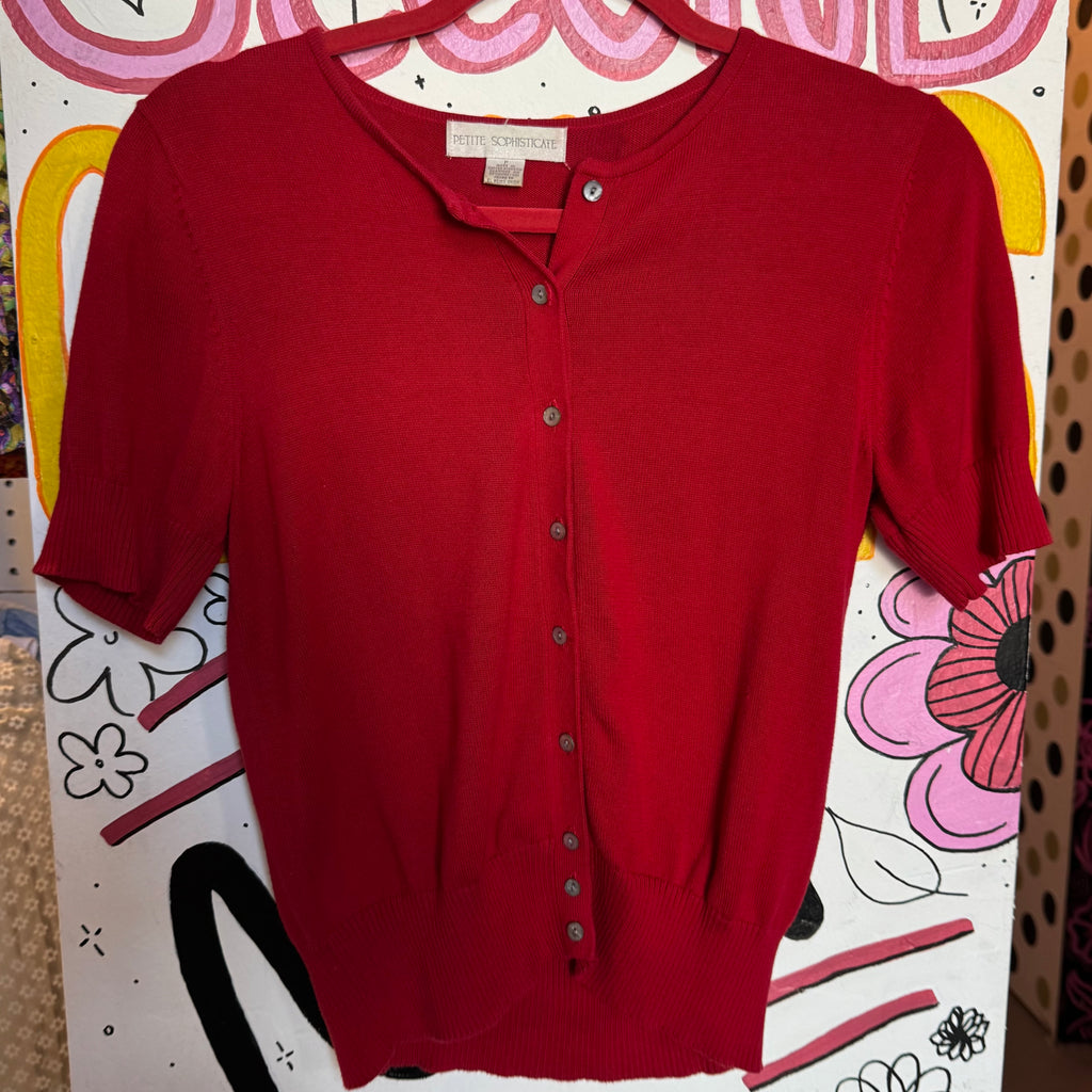 Petite Sophisticate Red Knit Short Sleeve Cardigan