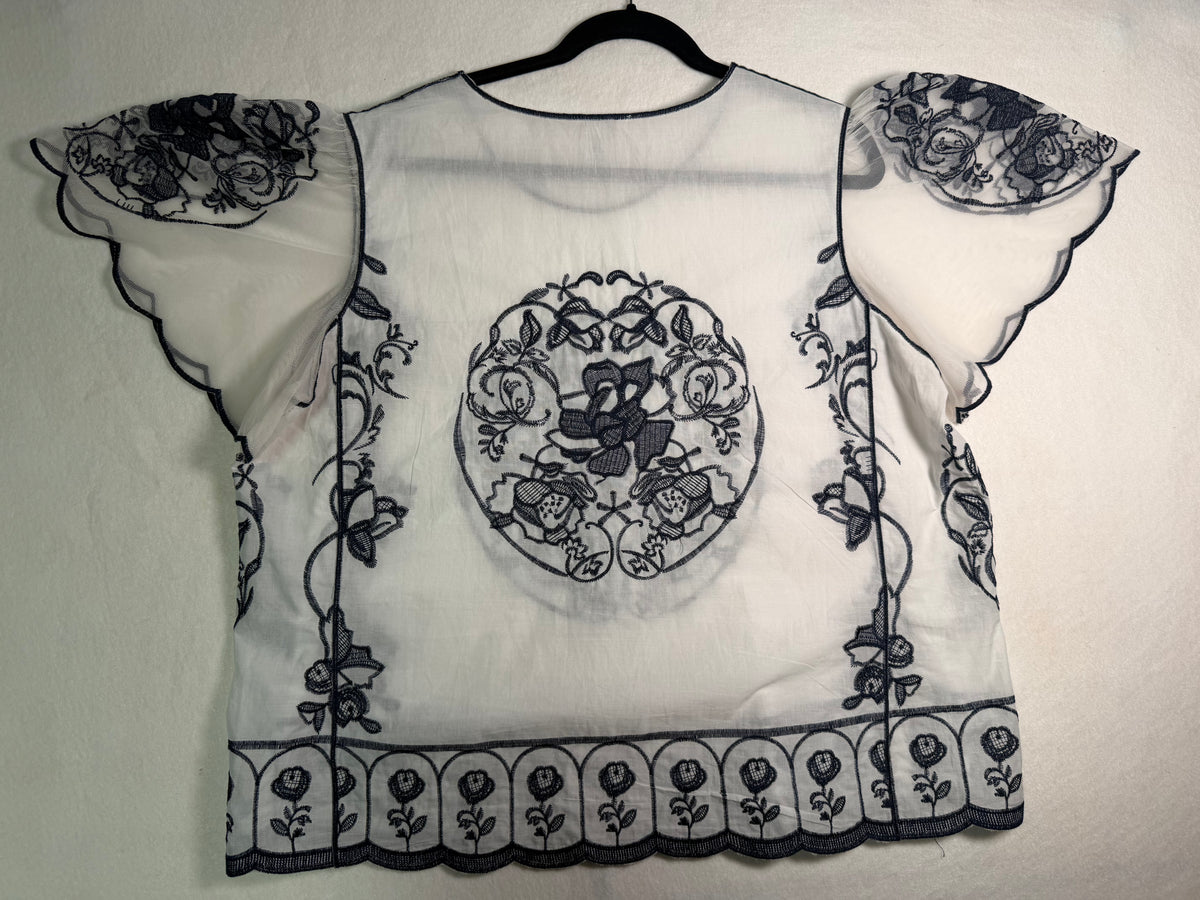 Cato White Navy Floral Embroidered Top