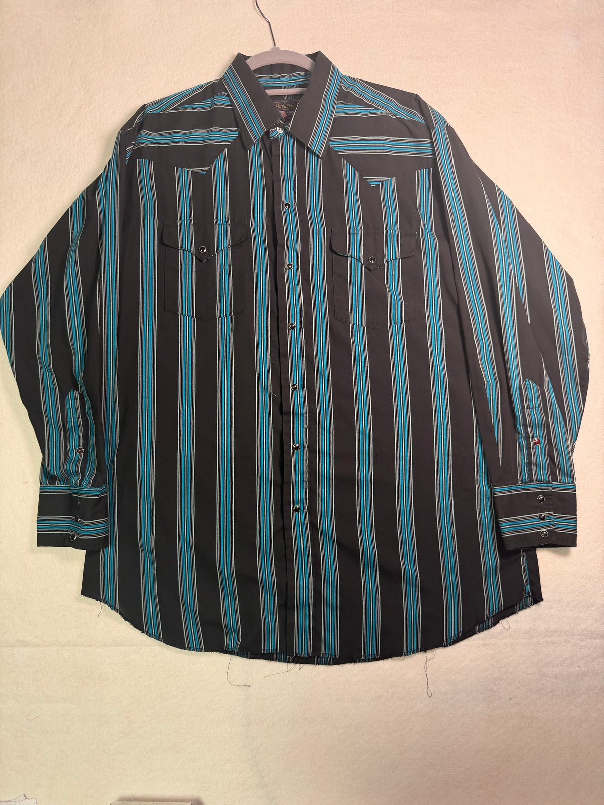 Vintage Panhandle Slim Black Turquoise Striped Western Dress Shirt