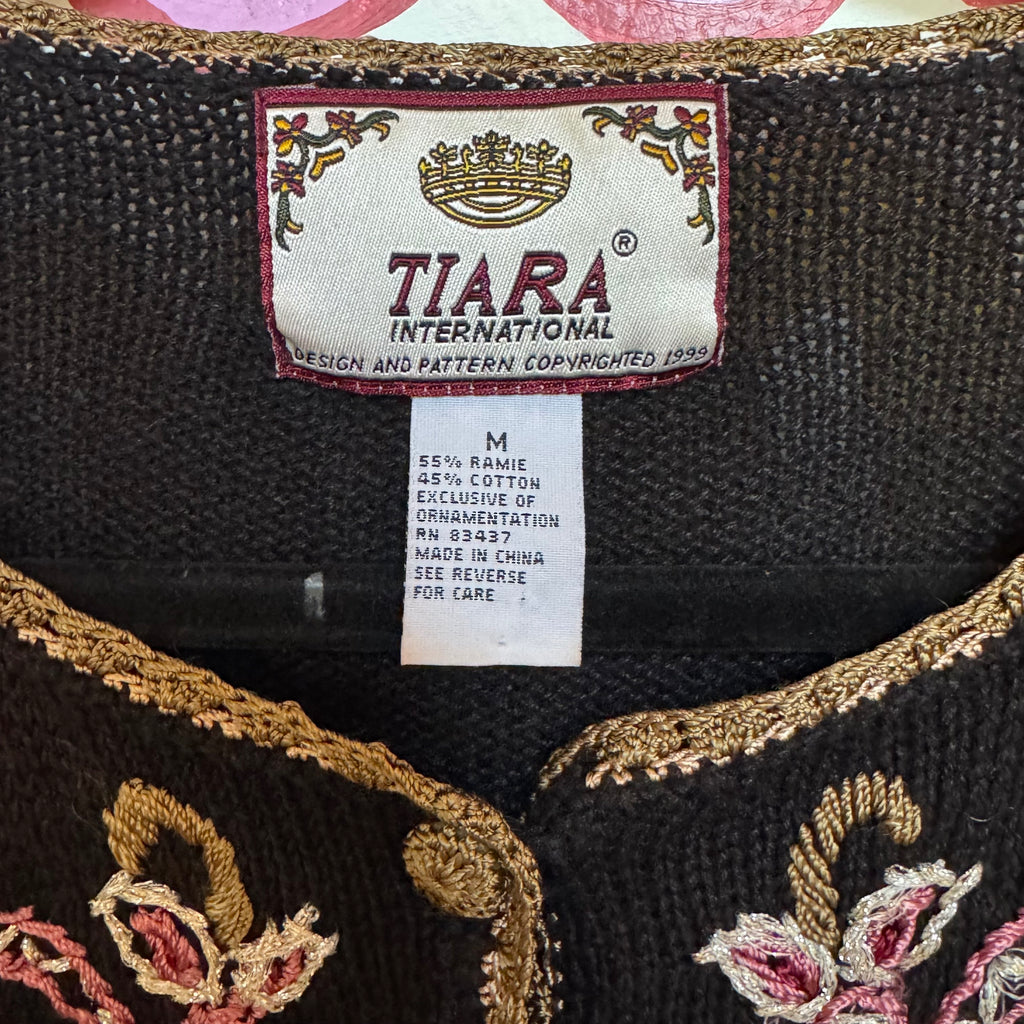 Tiara Black Floral Knit Cardigan 1990s