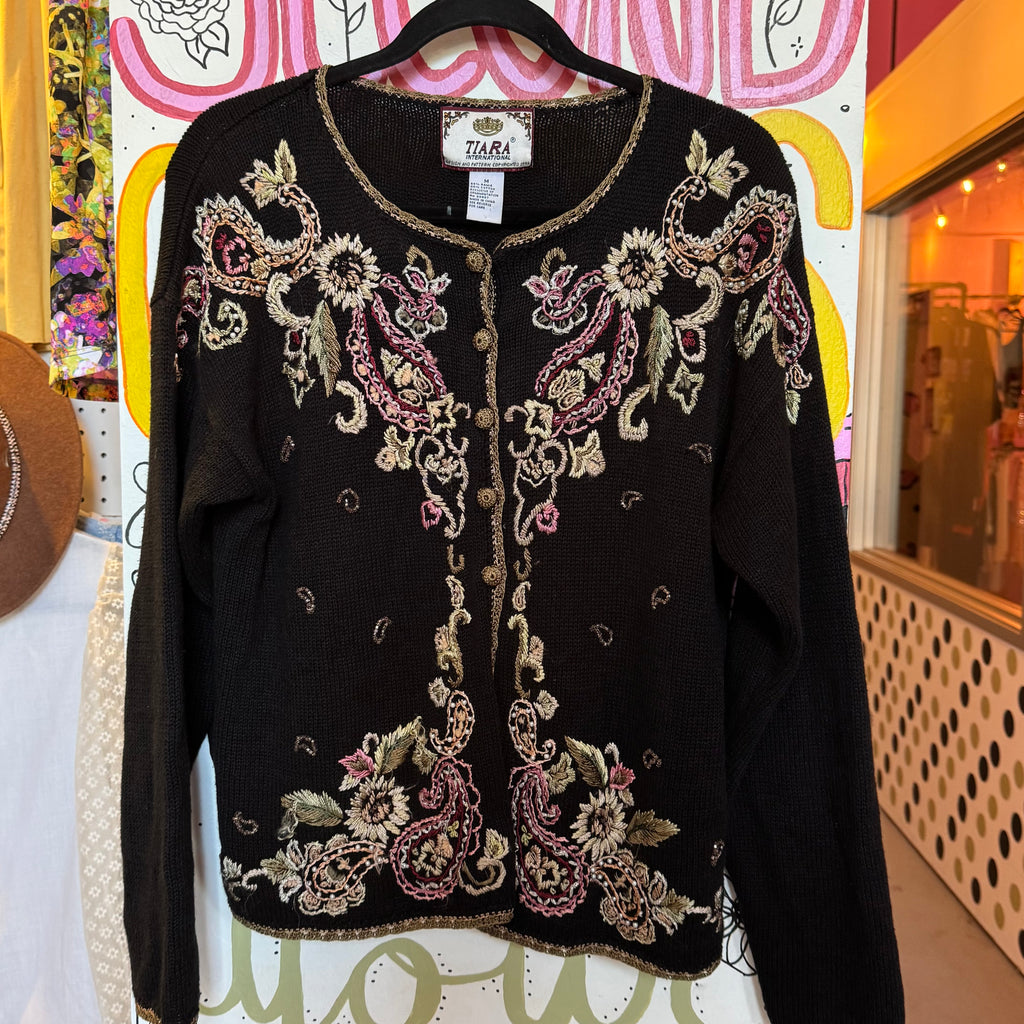 Tiara Black Floral Knit Cardigan 1990s