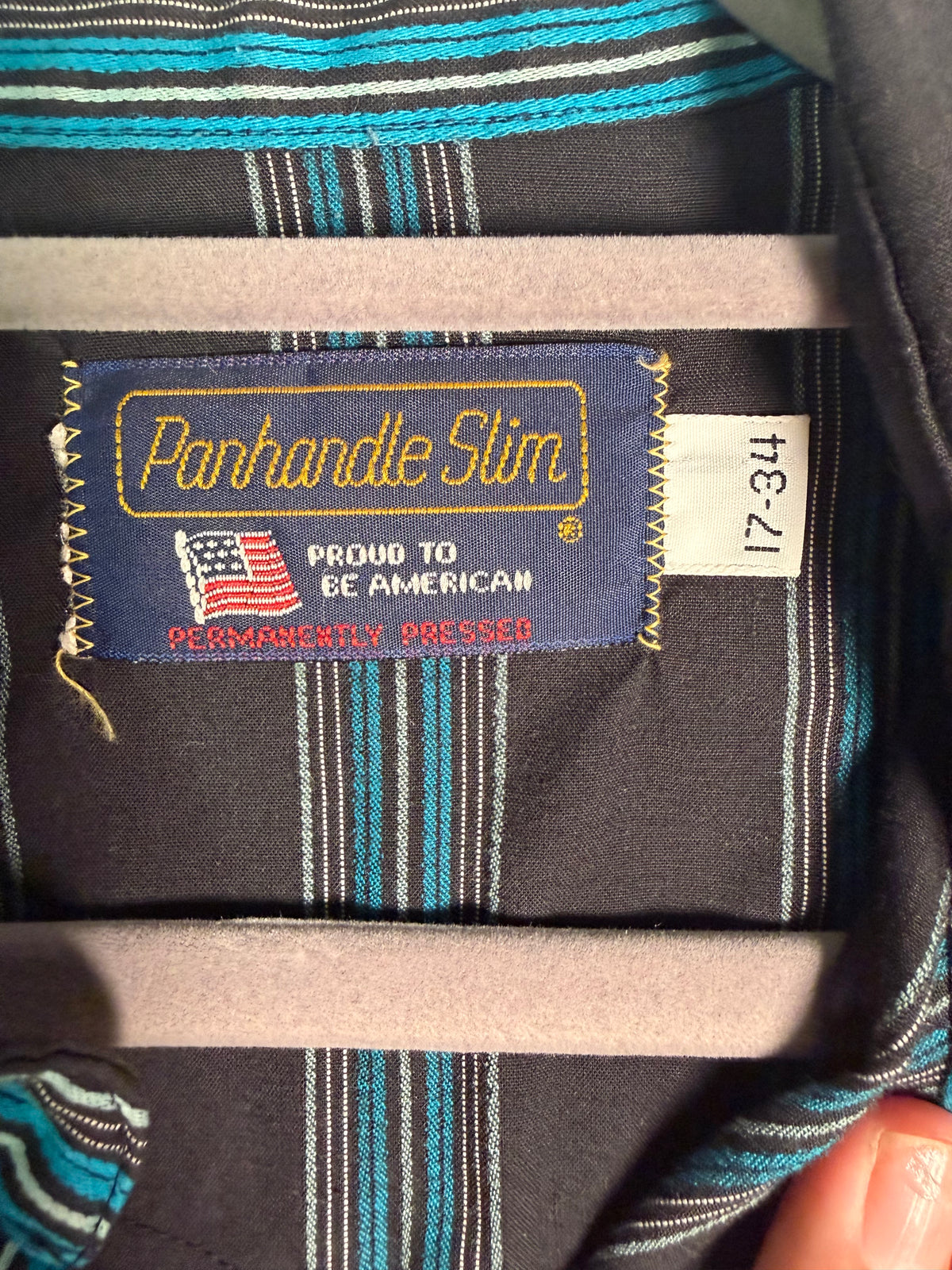 Vintage Panhandle Slim Black Turquoise Striped Western Dress Shirt