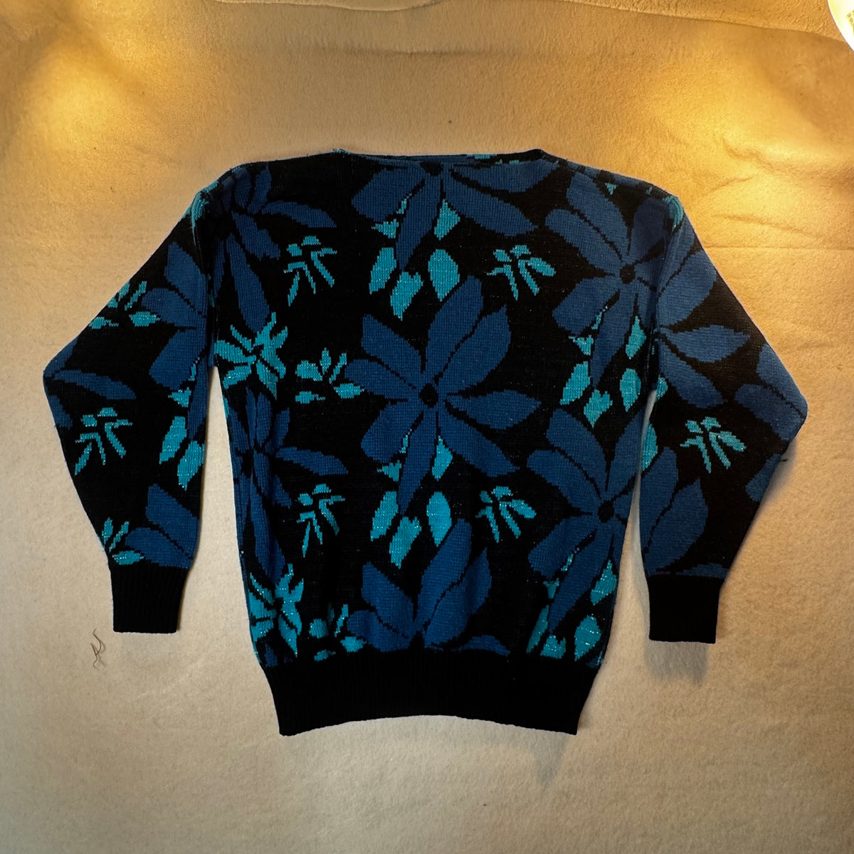 80s vintage blue floral Knit Sweater, Size M